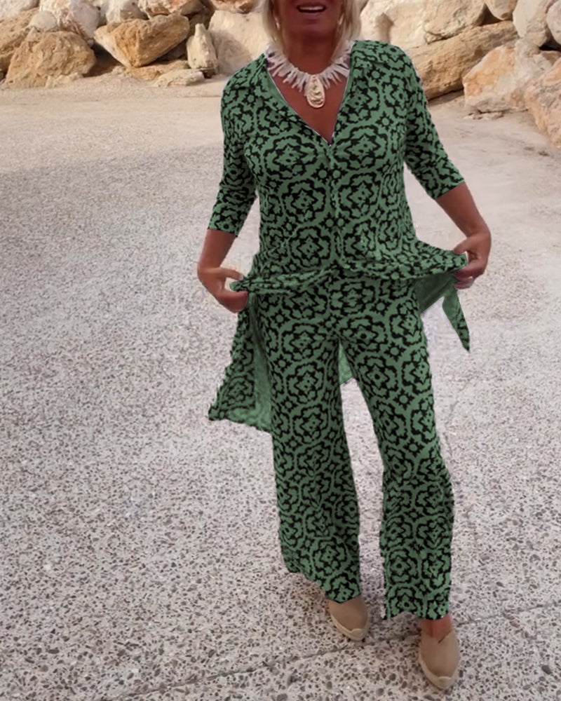 Emma | Bedrucktes V-Ausschnitt Tunika und Wide Leg Hosen Set