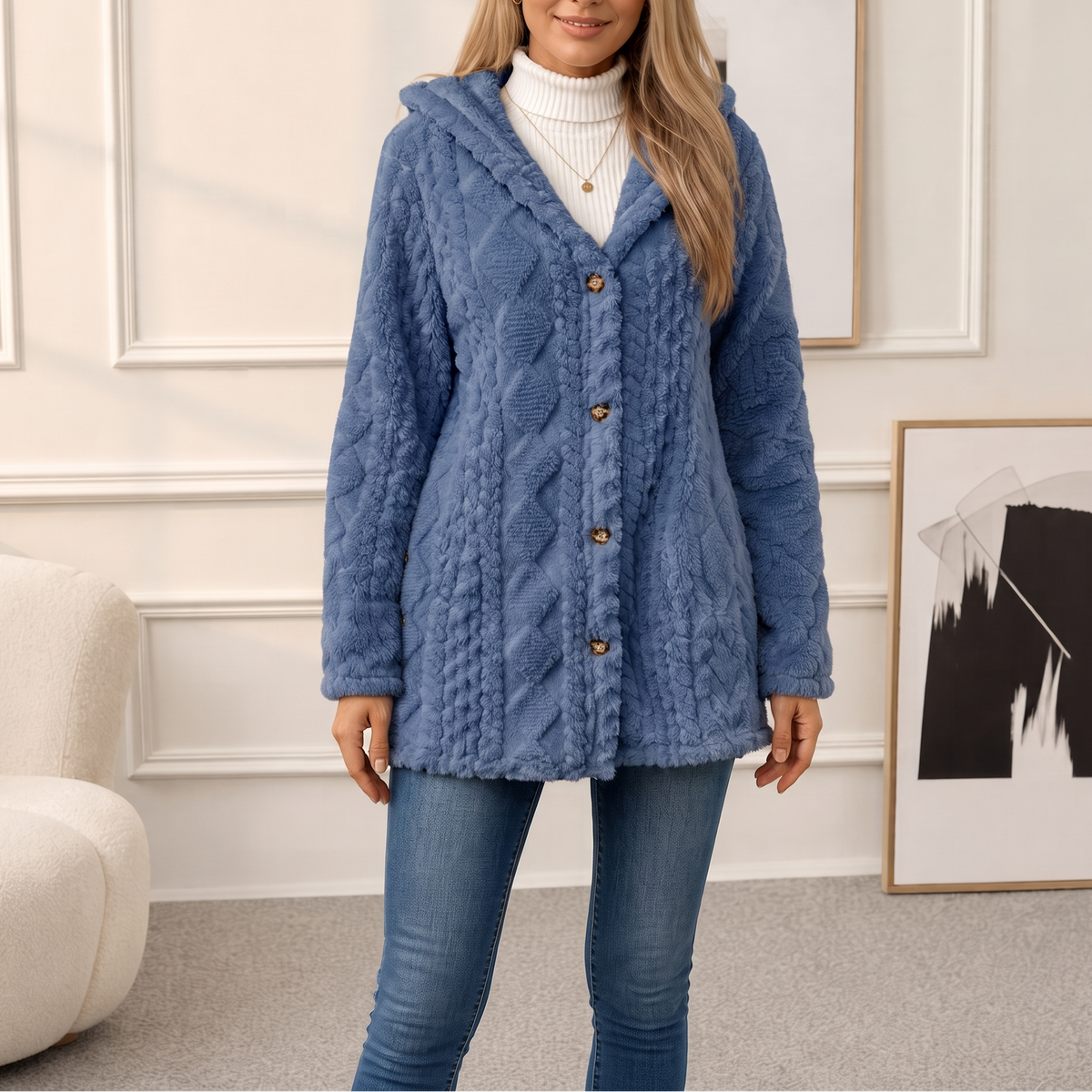 Wearbella | Diamond Jacquard Plush Hooded Coat – Elegantes Design für Damen