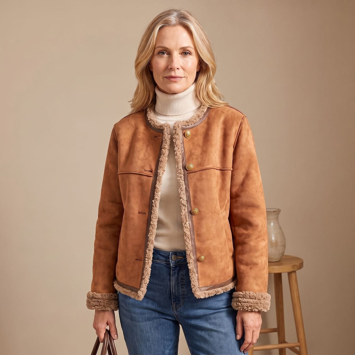 Greta | Kurze Lederjacke mit Kunstlammfell-Futter und Goldknöpfen