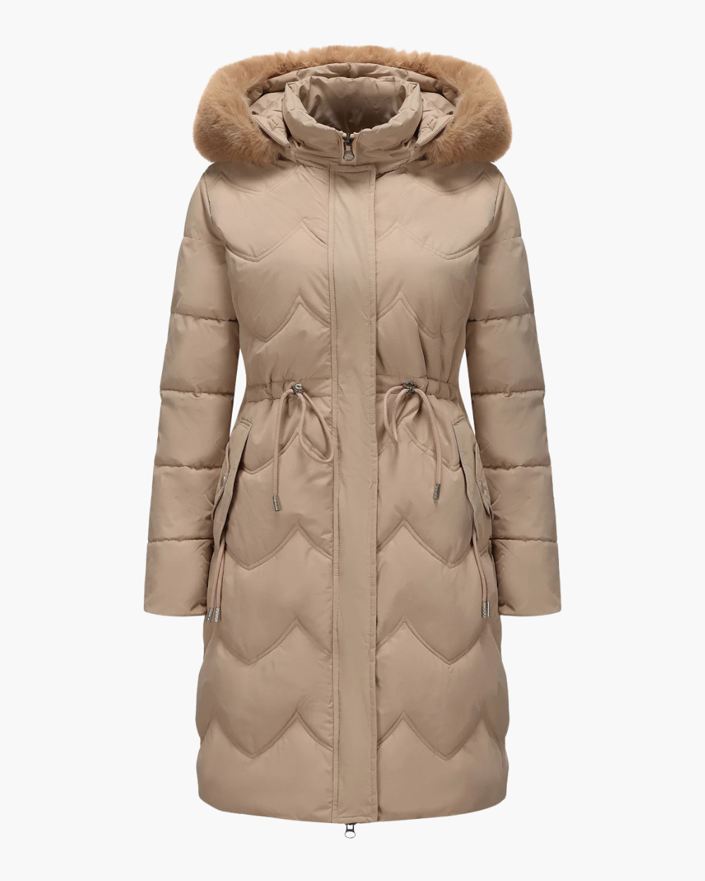 Taillierter Wintermantel mit Kapuze und Kunstfellbesatz