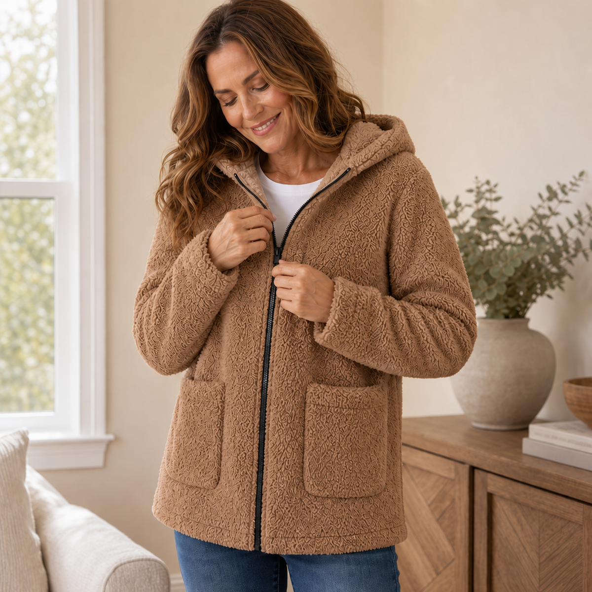 Cozyelle | Plush Fleece-Look Hooded Jacket – Stylishe Winterjacke für Frauen
