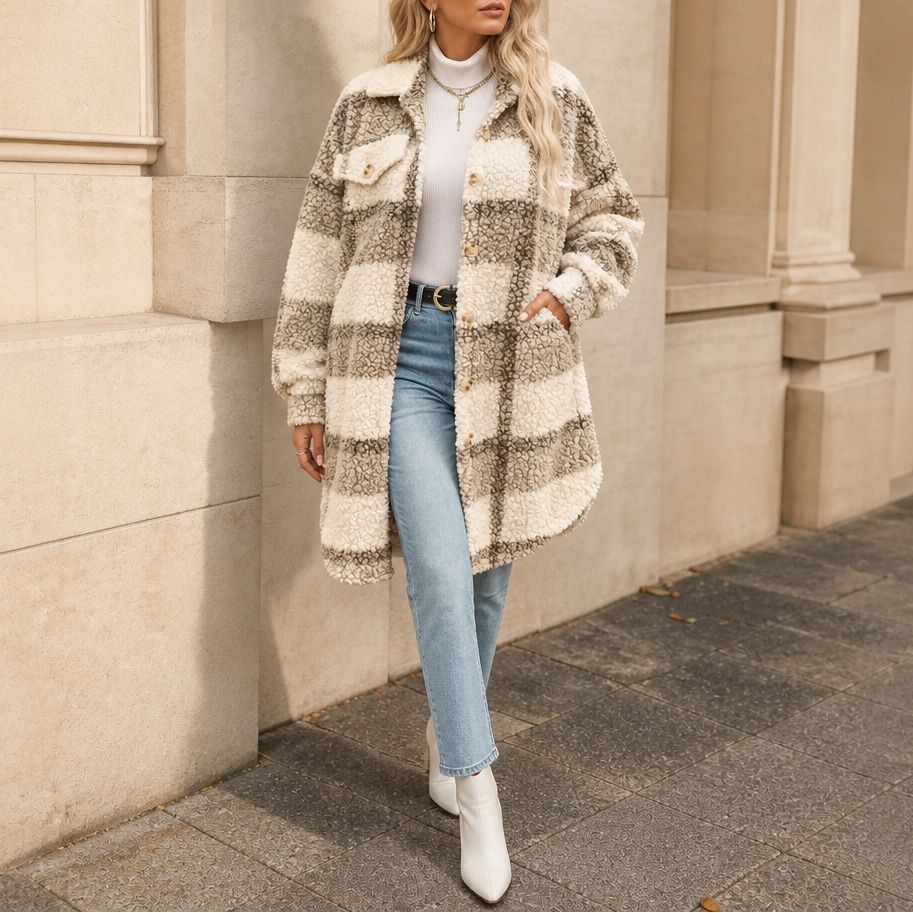 Fairloch | Plaid Sherpa-Lined Mid-Length Coat – Gemütlicher Stil für Frauen