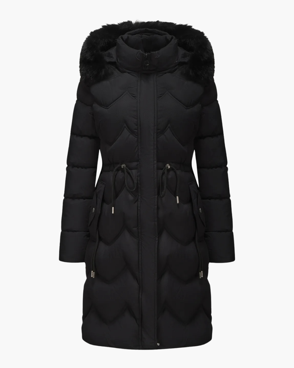 Taillierter Wintermantel mit Kapuze und Kunstfellbesatz