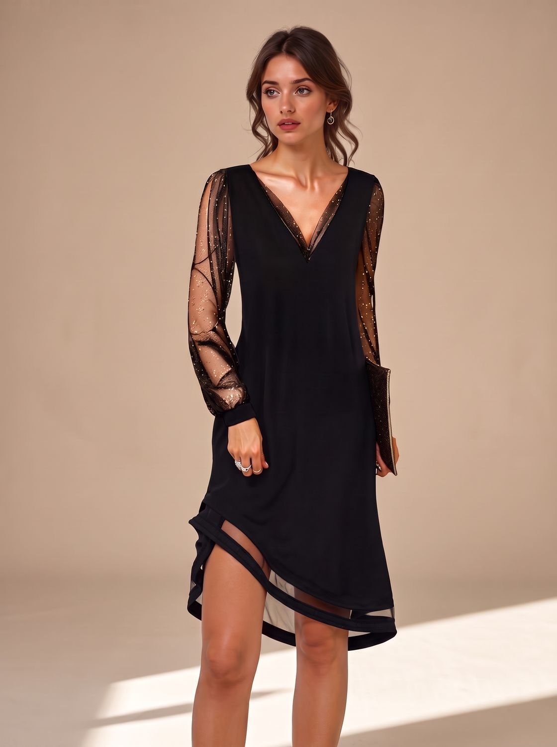 Camila | Mini Kleid – Schwarzes Festkleid mit Glitzerärmeln für Frauen