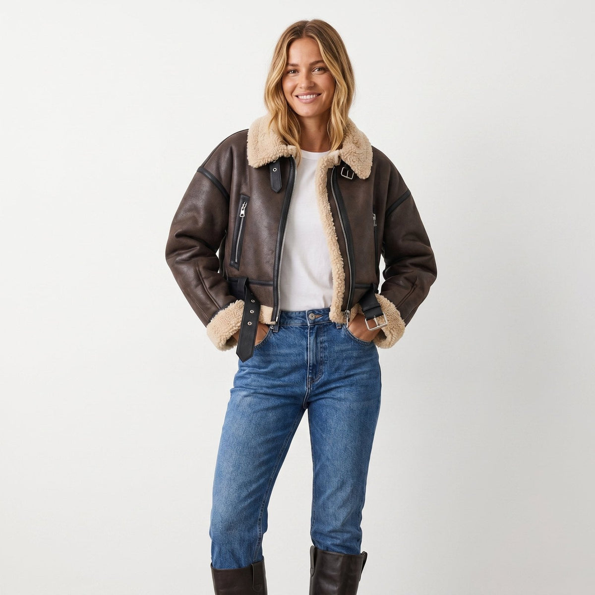 Elfriede | Bomber Jacke – Luxus Doppelseitiges Lammfell für Damen