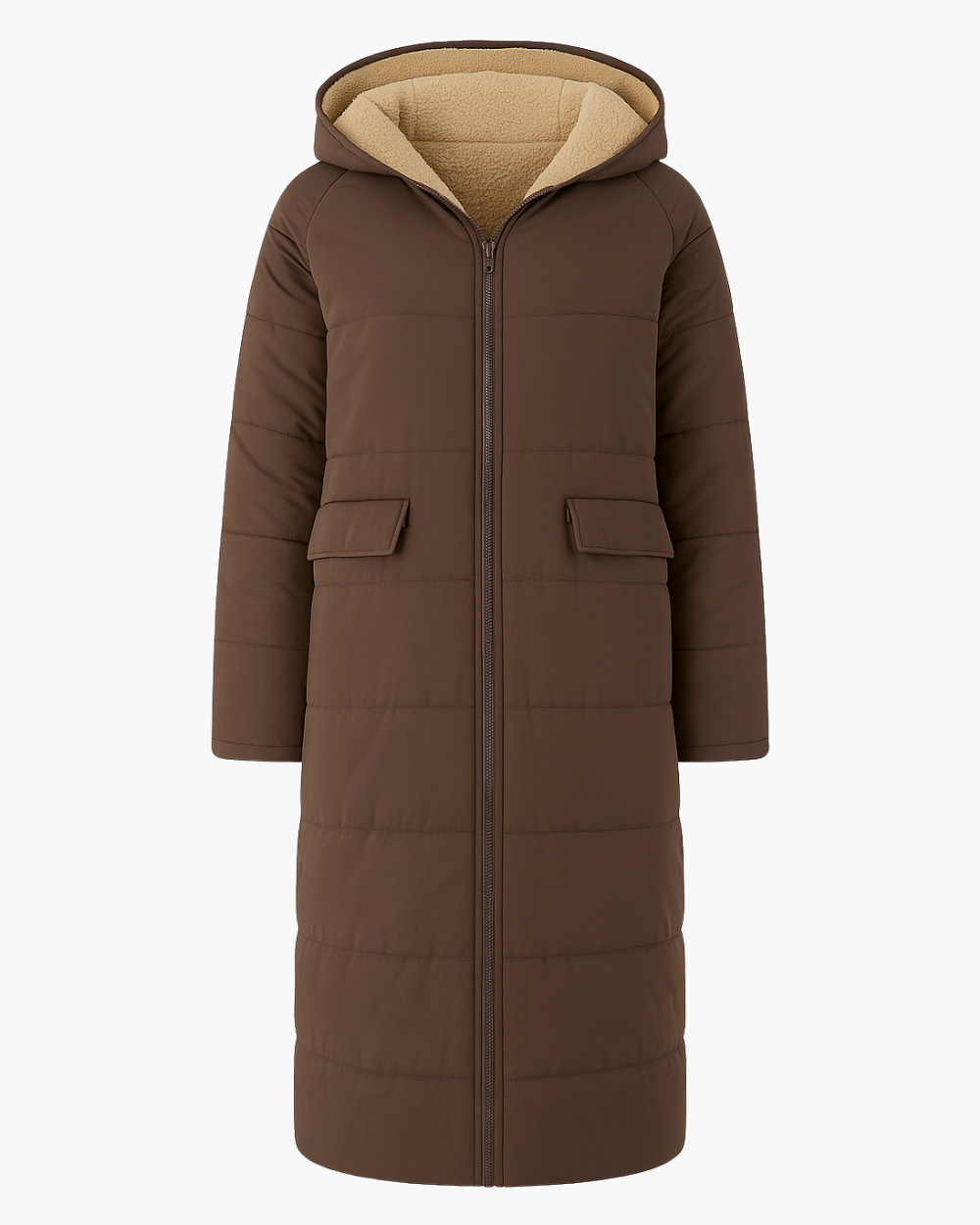 Langer Wintermantel mit Kapuze und Fleecefutter