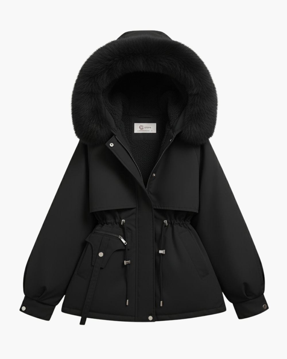 Kurze Winterjacke mit Teddyfutter und Kapuze mit Fellbesatz