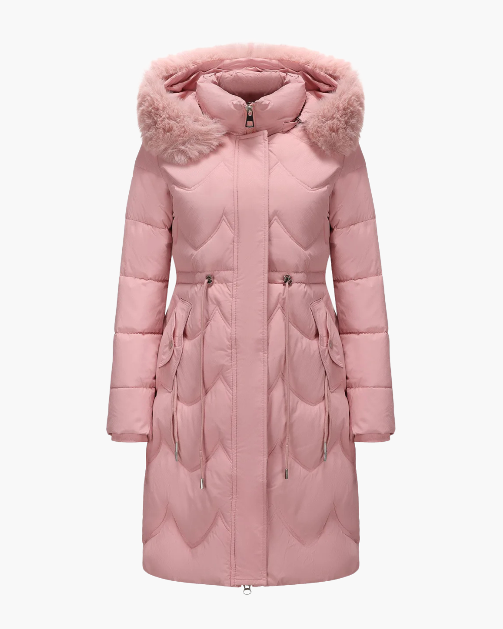 Taillierter Wintermantel mit Kapuze und Kunstfellbesatz