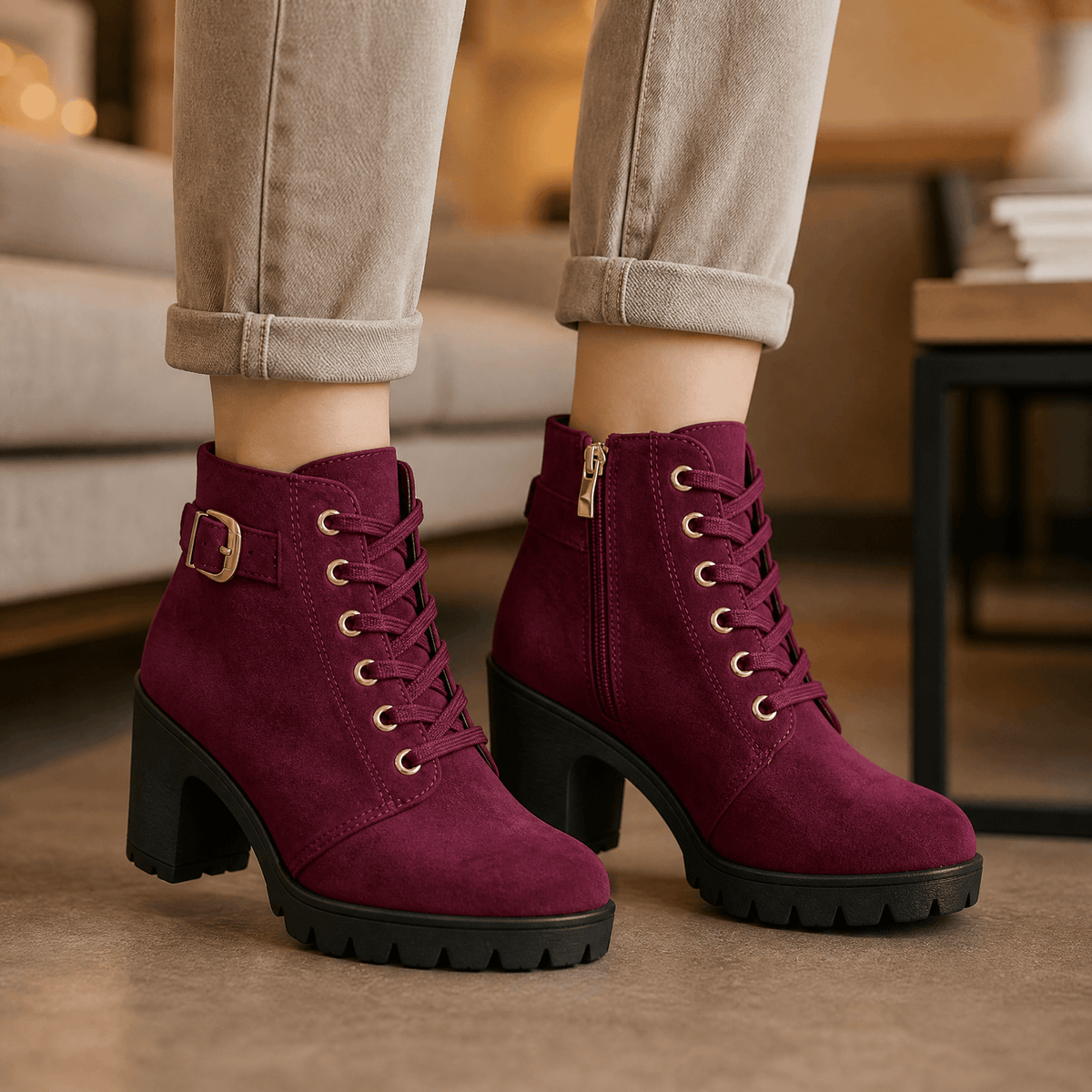 Strovia | Chunky Heel Ankle Boots – Stilvolle Stiefel mit Kunstfellfutter