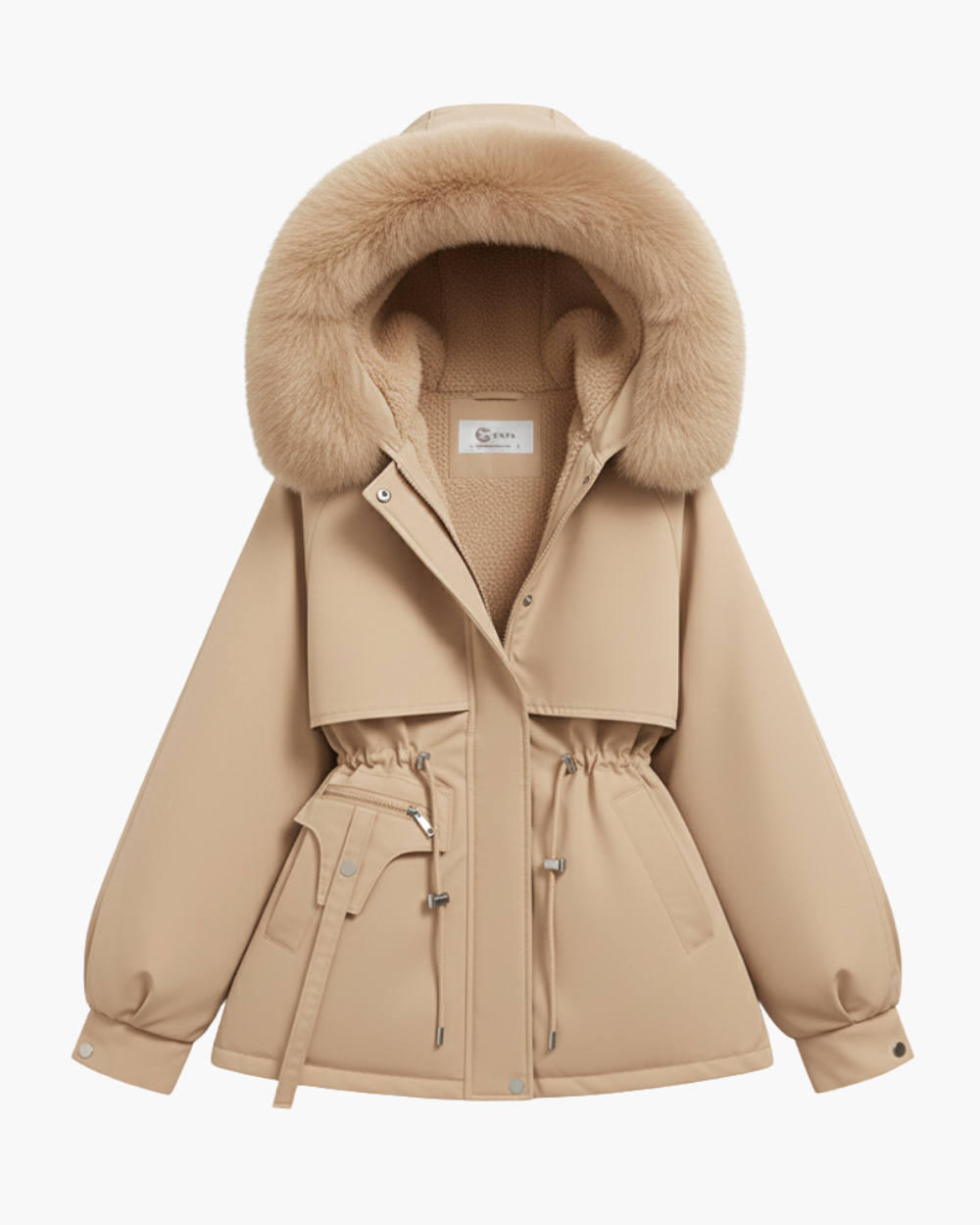 Kurze Winterjacke mit Teddyfutter und Kapuze mit Fellbesatz