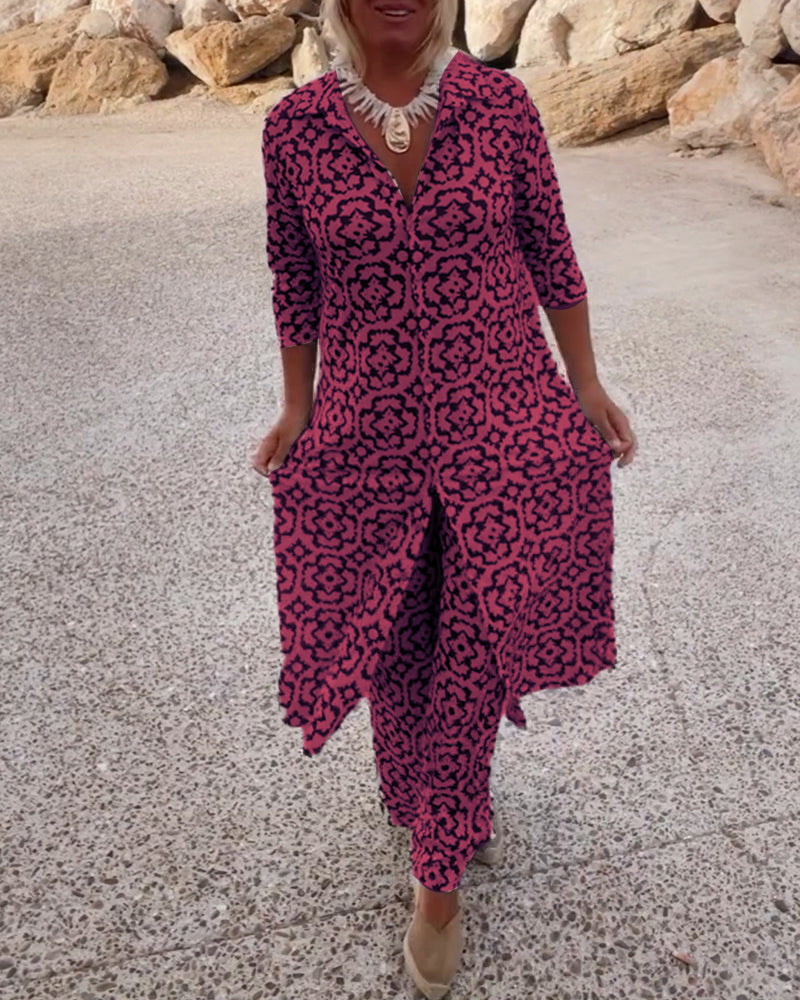Emma | Bedrucktes V-Ausschnitt Tunika und Wide Leg Hosen Set