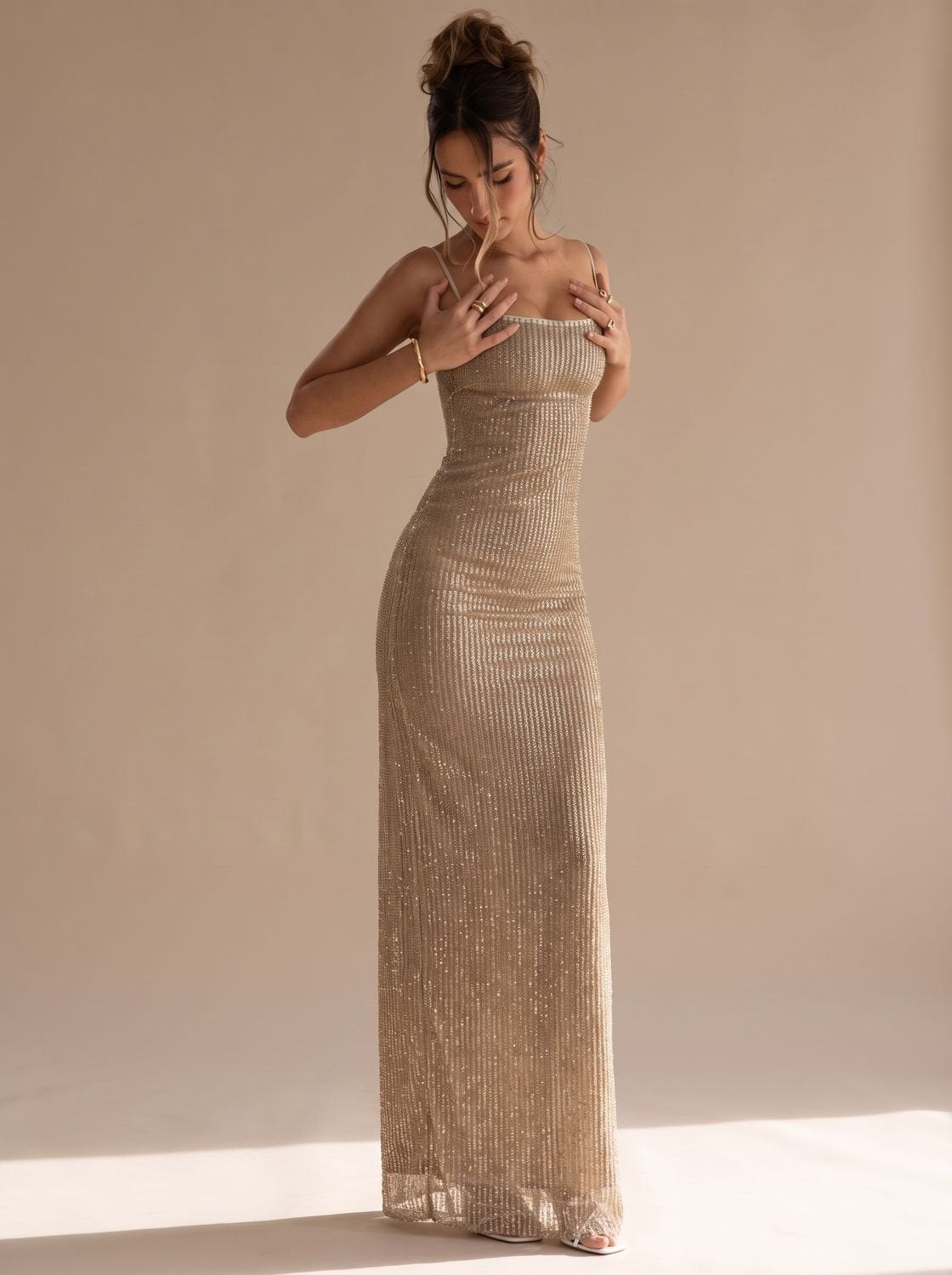Grace | Bodycon Maxi Kleid – Glitzer Spaghetti-Träger für Damen