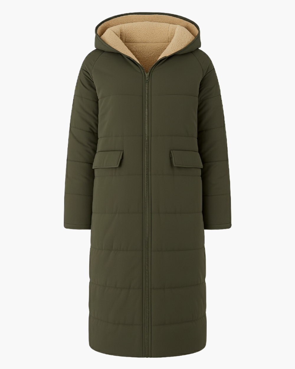 Langer Wintermantel mit Kapuze und Fleecefutter