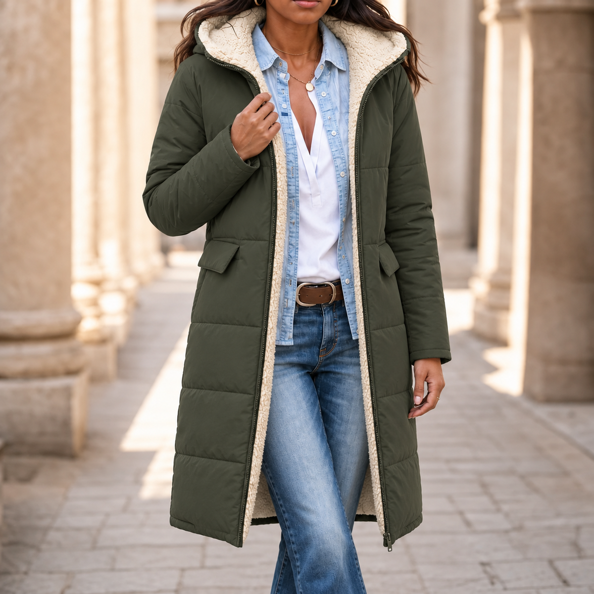 Wintervia | Sherpa-Langmantel – Bequemer Windschutz für Damen