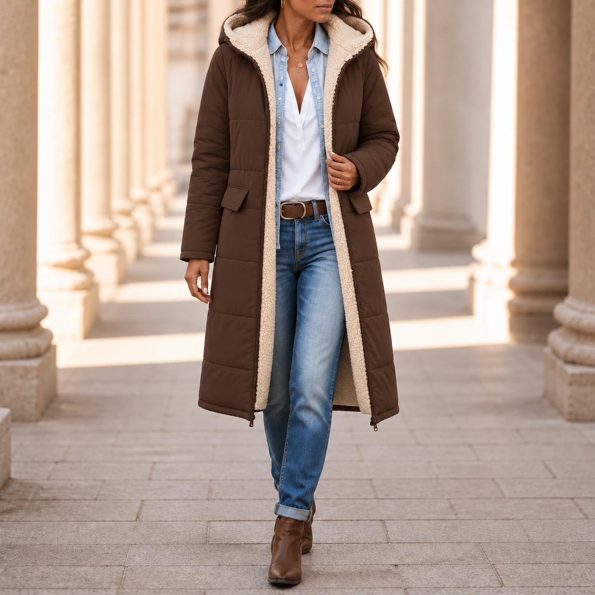Wintervia | Sherpa-Langmantel – Bequemer Windschutz für Damen