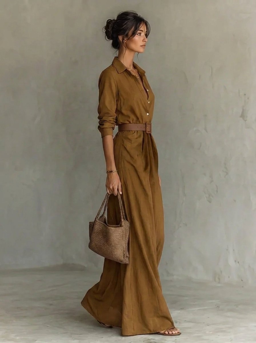 Nora | Tailliertes Langarm Maxikleid mit Gürtel