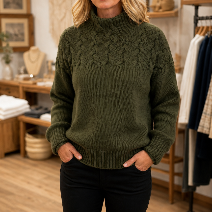 Cozette | Gebreide Kabeltrui met Hoge Hals