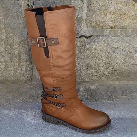 Kniehohe Stiefel mit Zierschnallen und Reißverschluss
