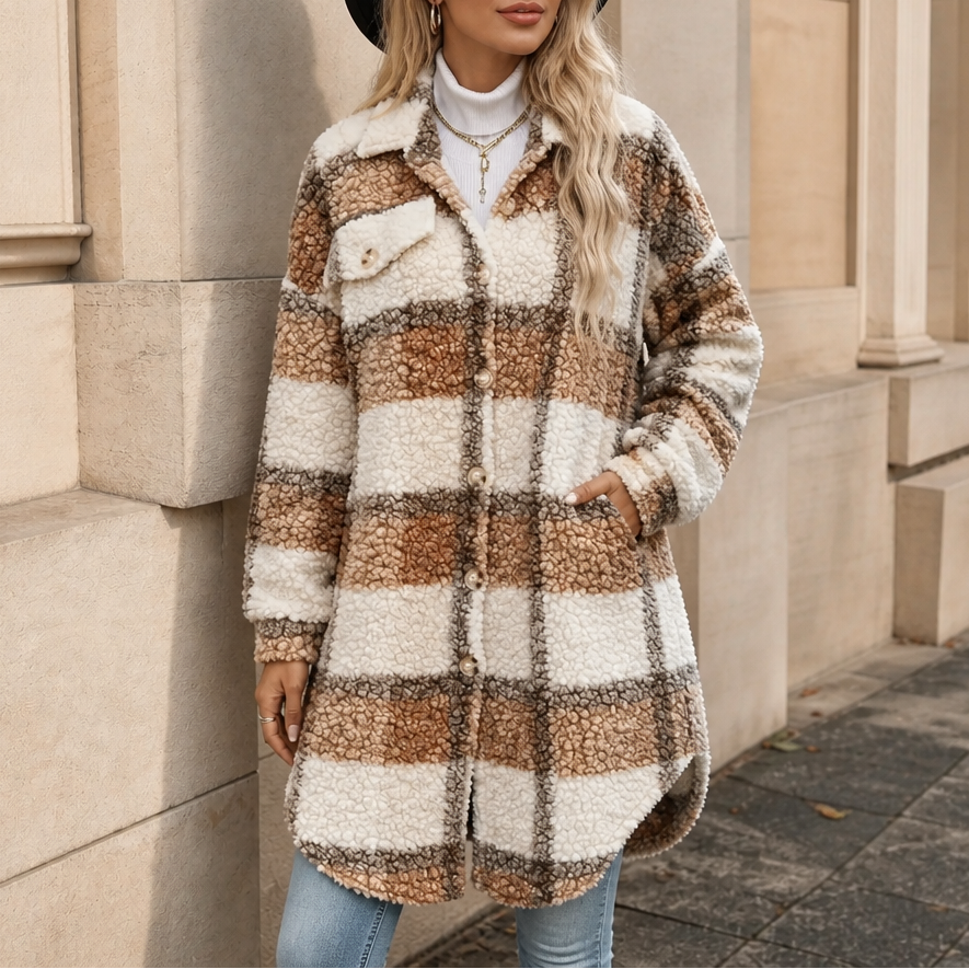 Fairloch | Plaid Sherpa-Lined Mid-Length Coat – Gemütlicher Stil für Frauen