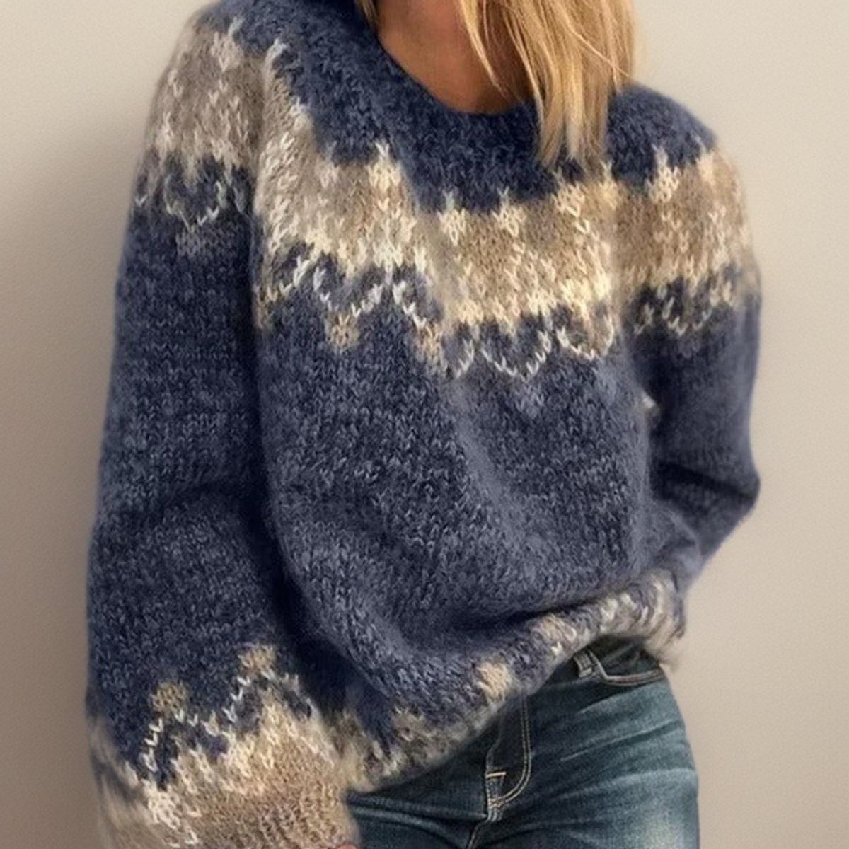 Amelie | Nordic Damen Jacquard-Strickpullover mit Rundhalsausschnitt