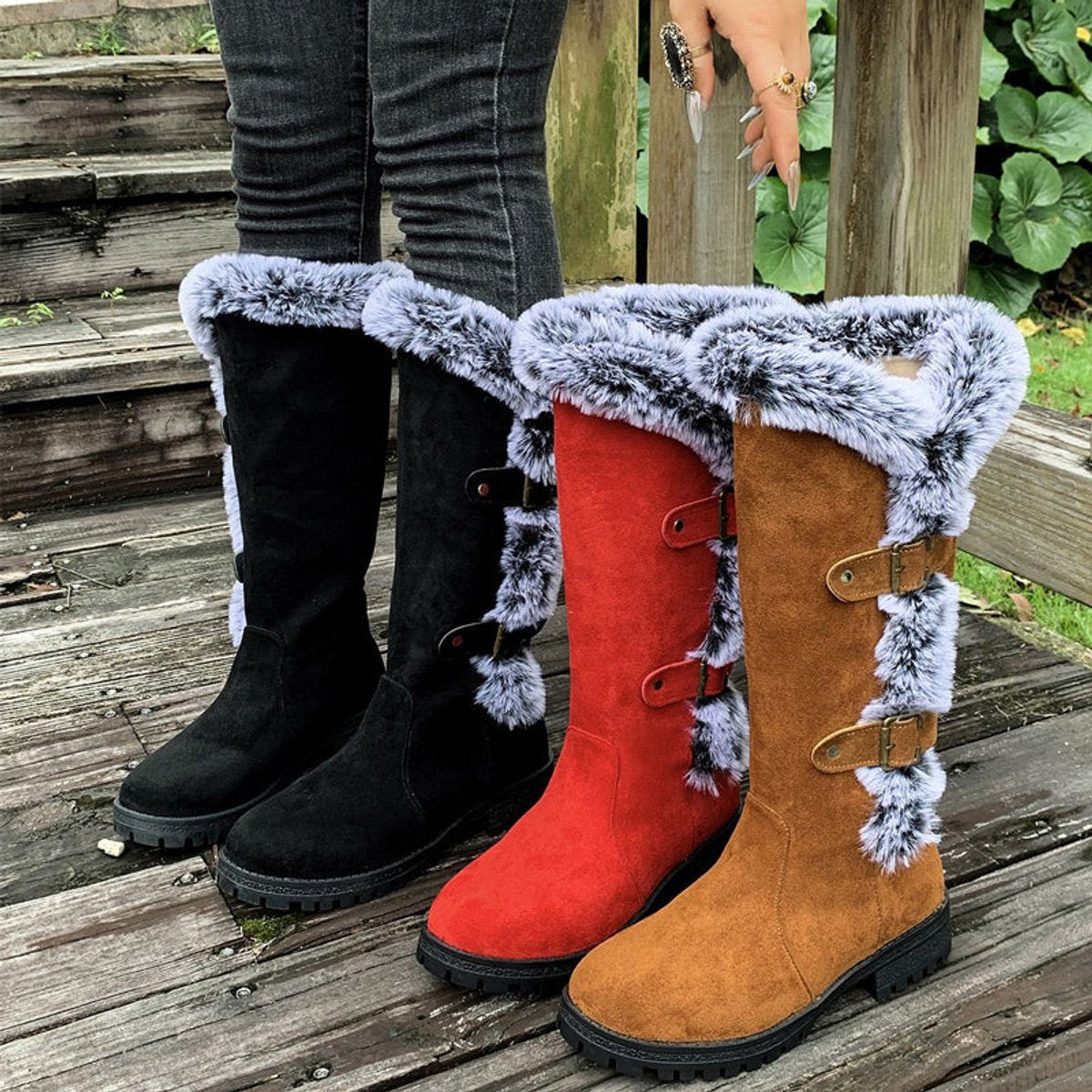 Fiona | Stilvolle und warme kniehohe Kunstwildleder Stiefel