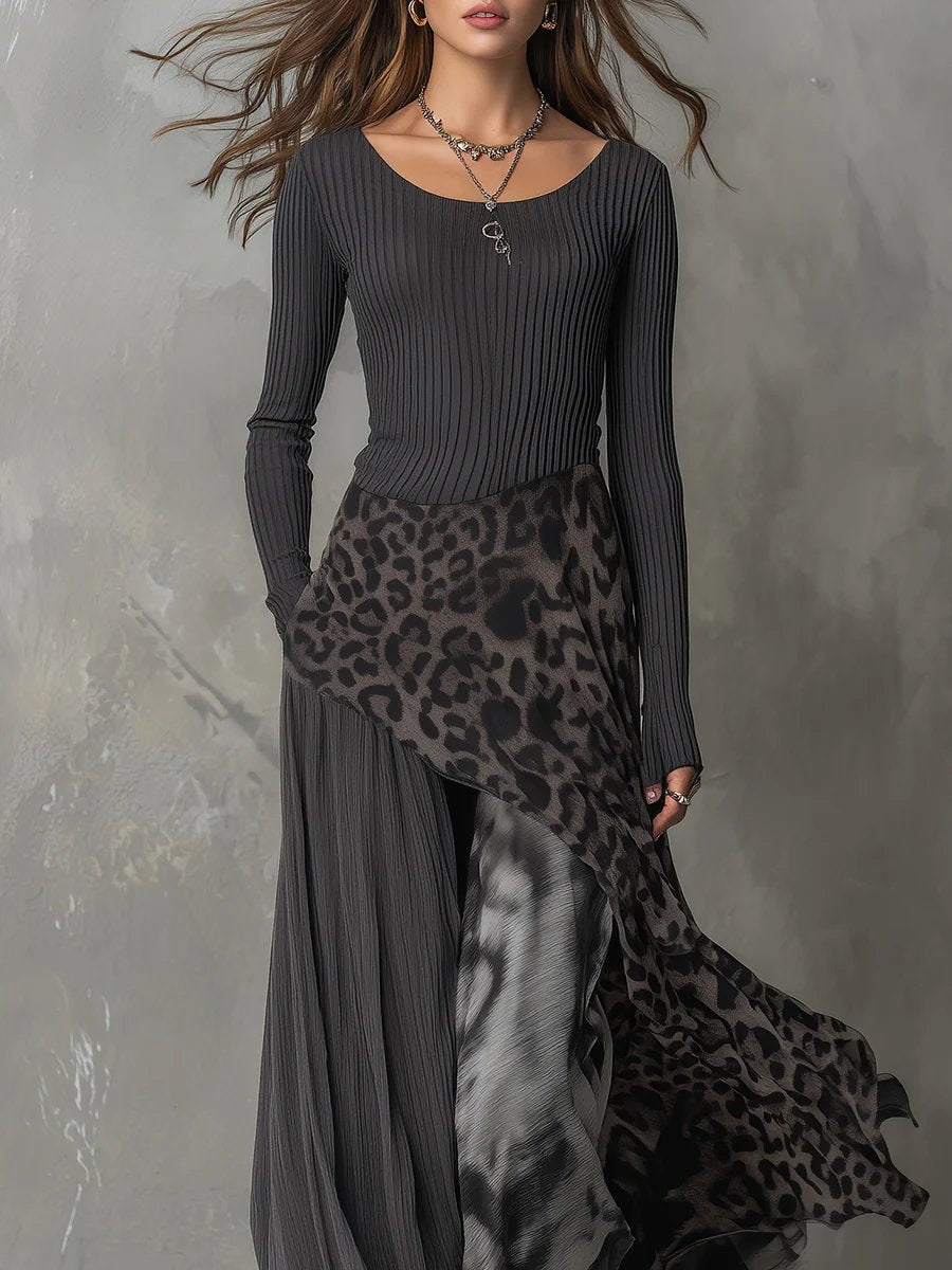 Lena | Stilvolles Langarm Maxi Kleid mit Rippstrick und Leopardenmuster