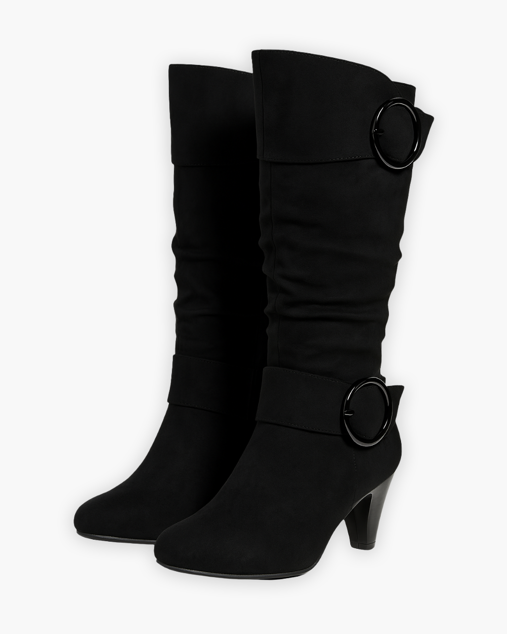 Kniehohe Stiefel mit Blockabsatz und Zierschnallen