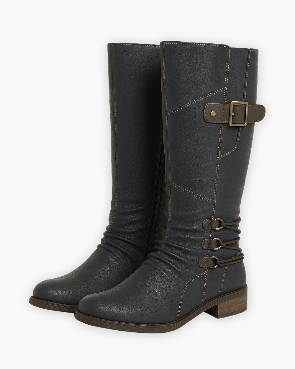 Kniehohe Stiefel mit Zierschnallen und Reißverschluss