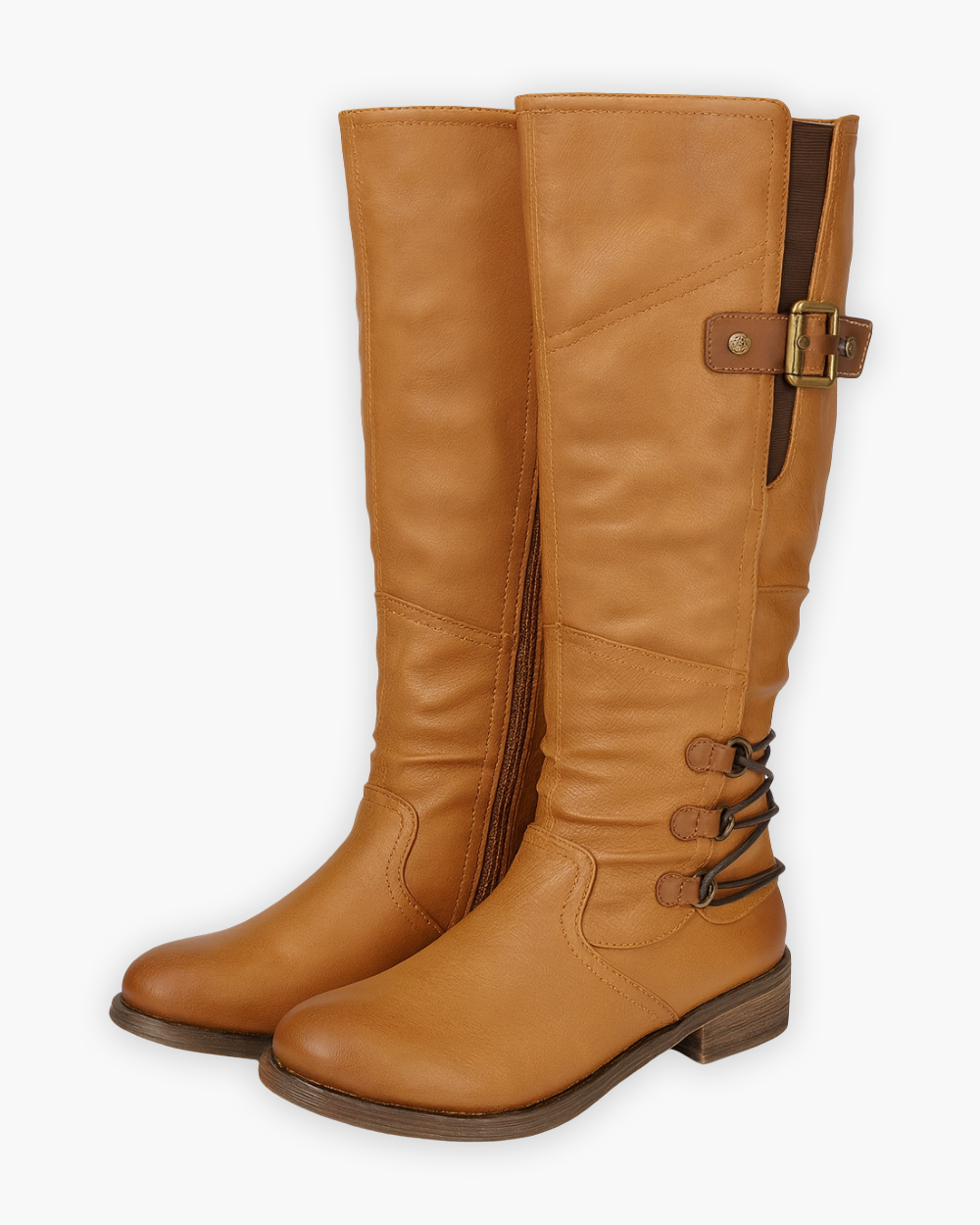 Kniehohe Stiefel mit Zierschnallen und Reißverschluss