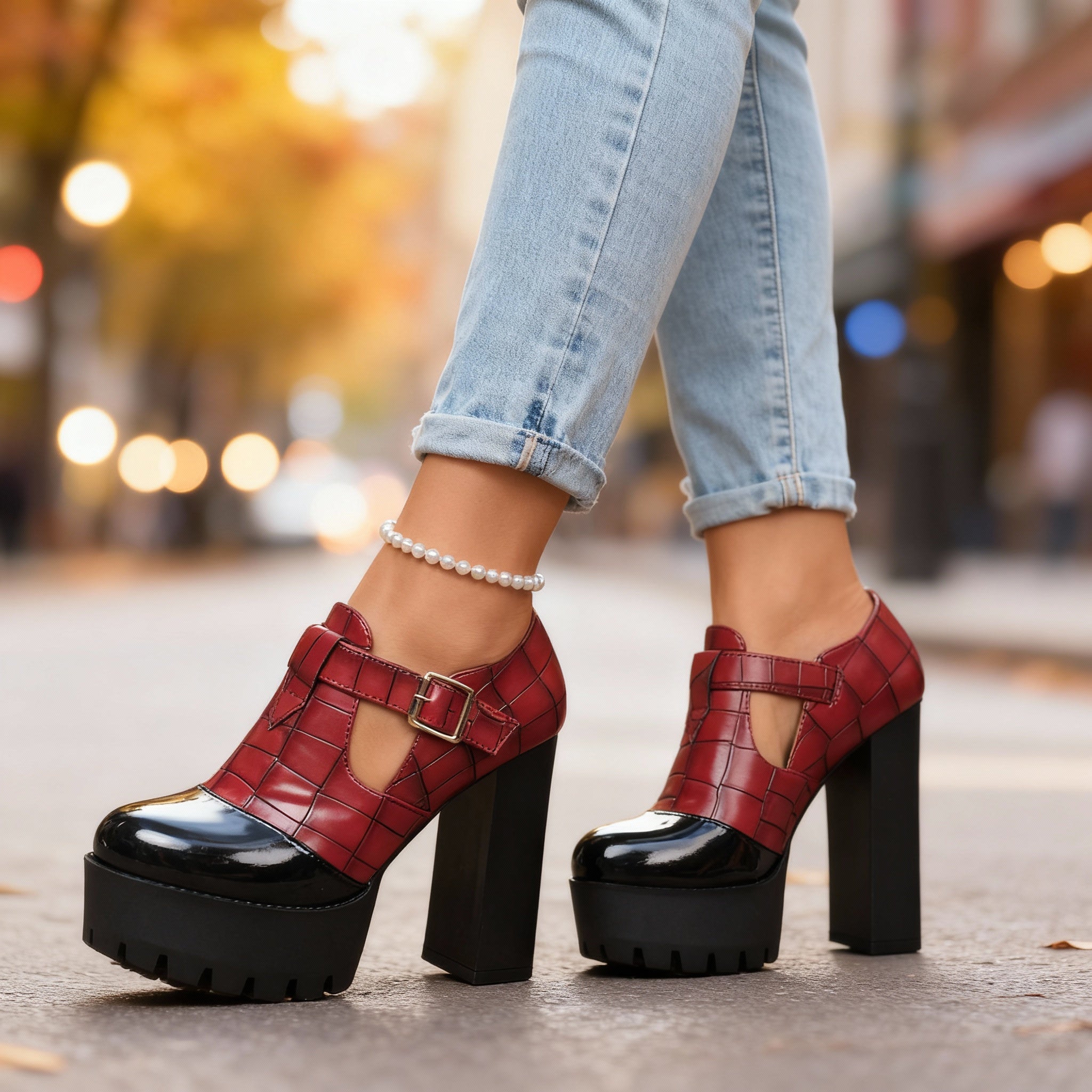 Dalia | Damen Pumps Blockabsatz Krokoprägedesign Elegant Vintage Stil 0