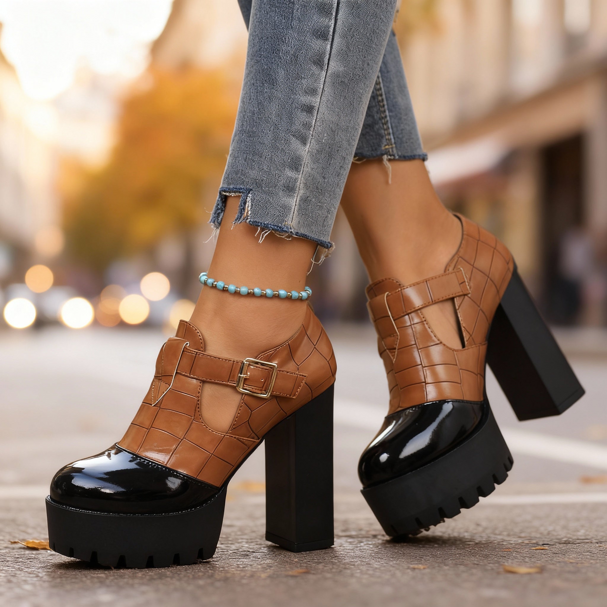 Dalia | Damen Pumps Blockabsatz Krokoprägedesign Elegant Vintage Stil 3