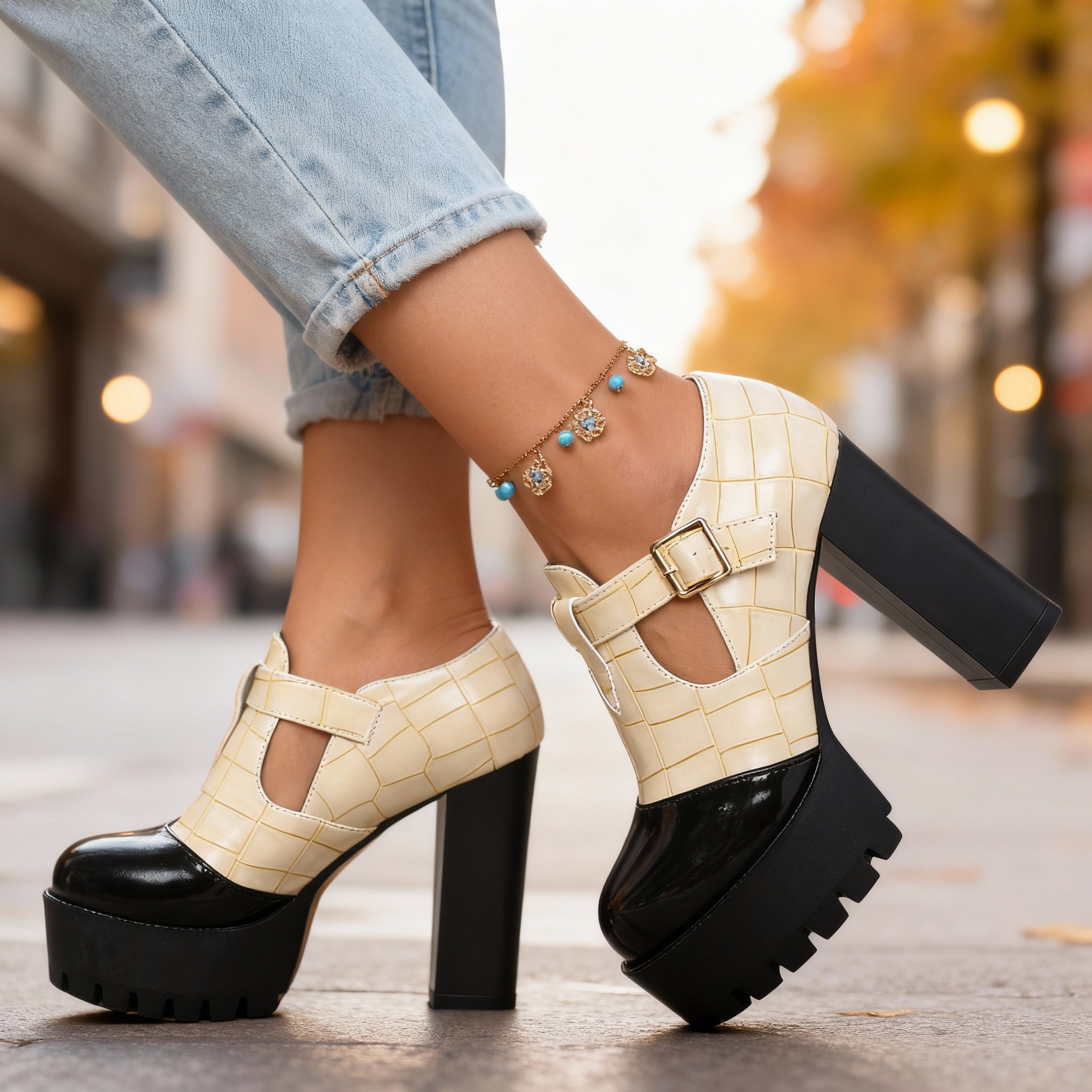 Dalia | Damen Pumps Blockabsatz Krokoprägedesign Elegant Vintage Stil 6