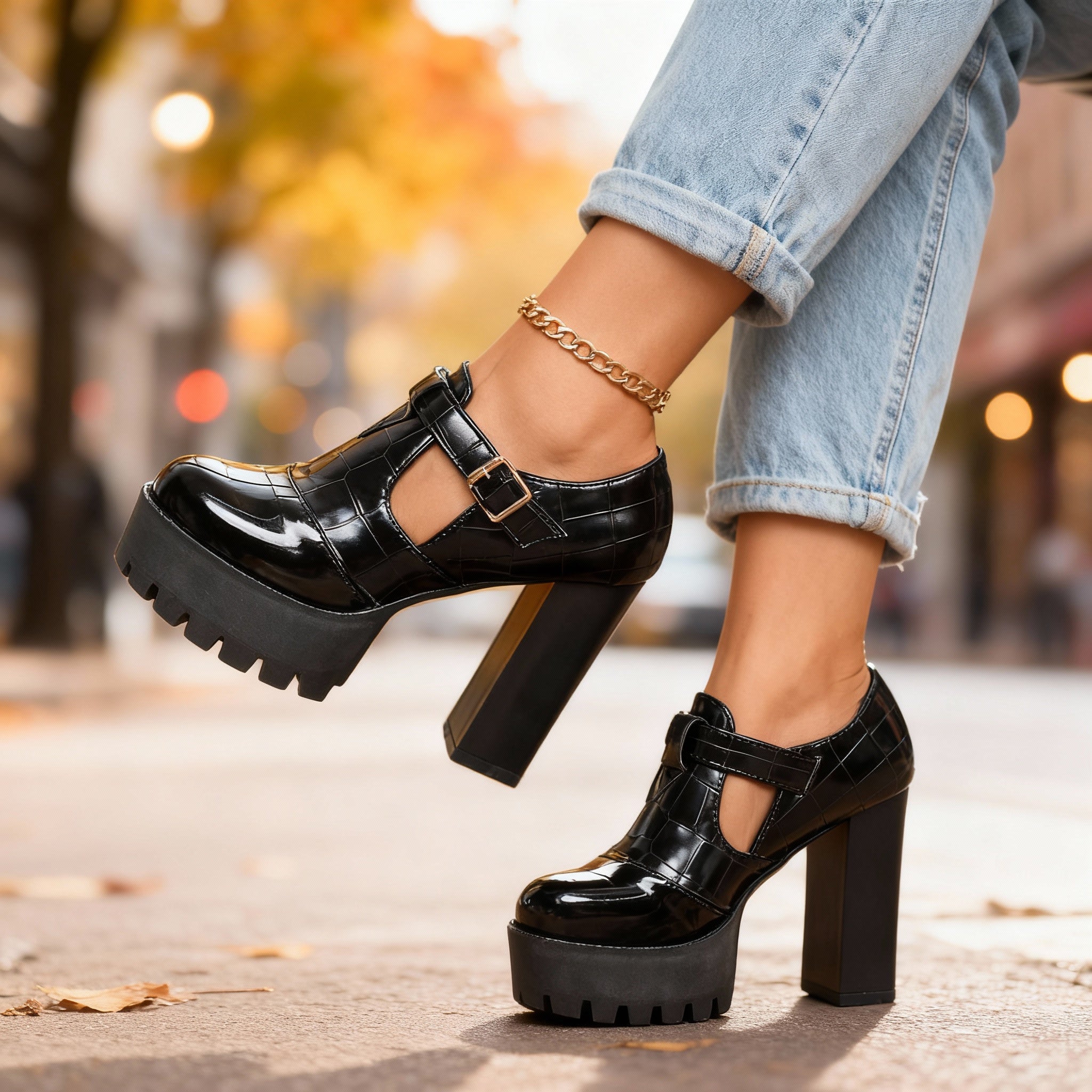 Dalia | Damen Pumps Blockabsatz Krokoprägedesign Elegant Vintage Stil 9