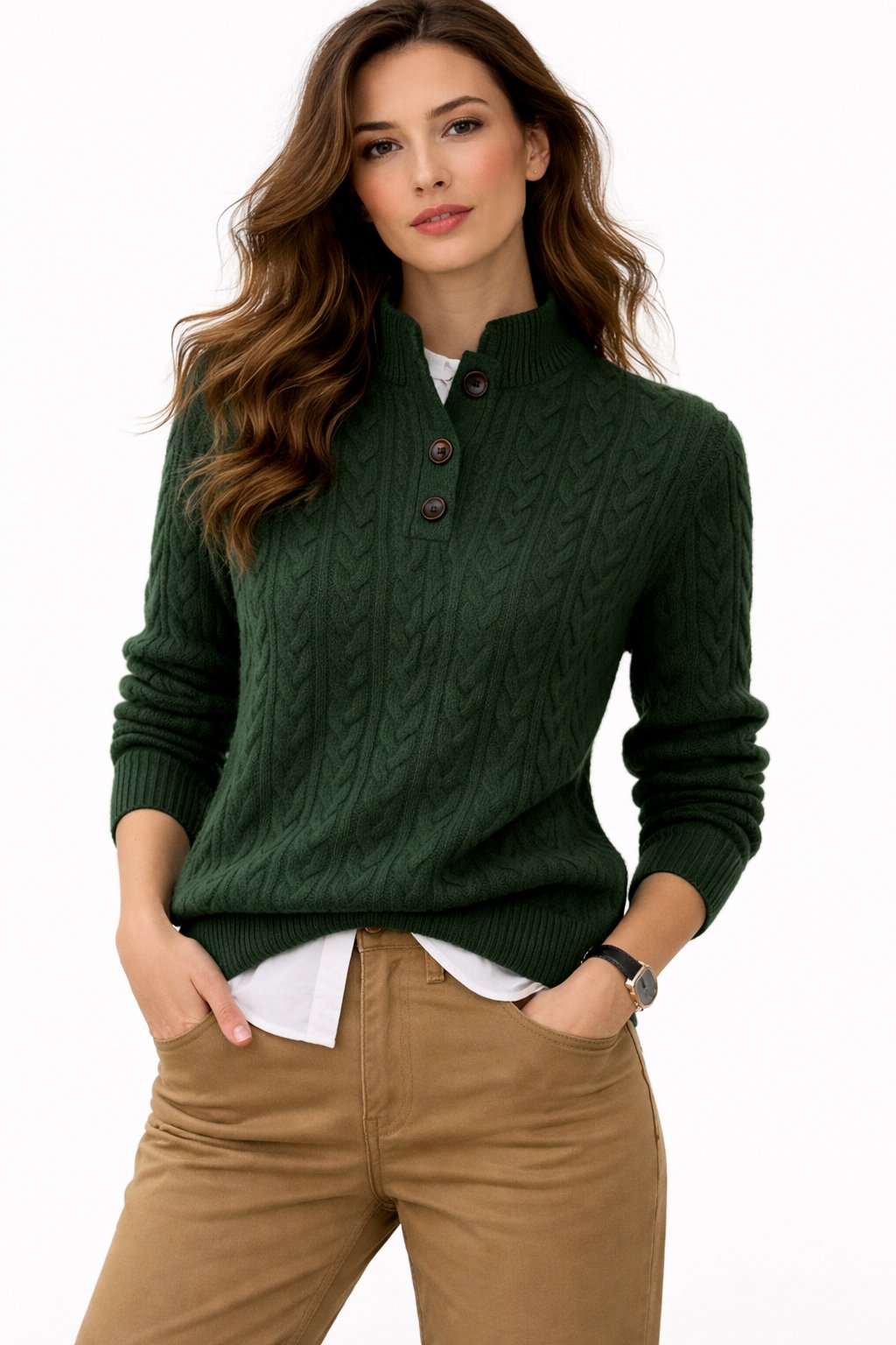 Elizabeth | Zeitloser und eleganter Zopfstrickpullover mit Knopfleiste am Kragen 1