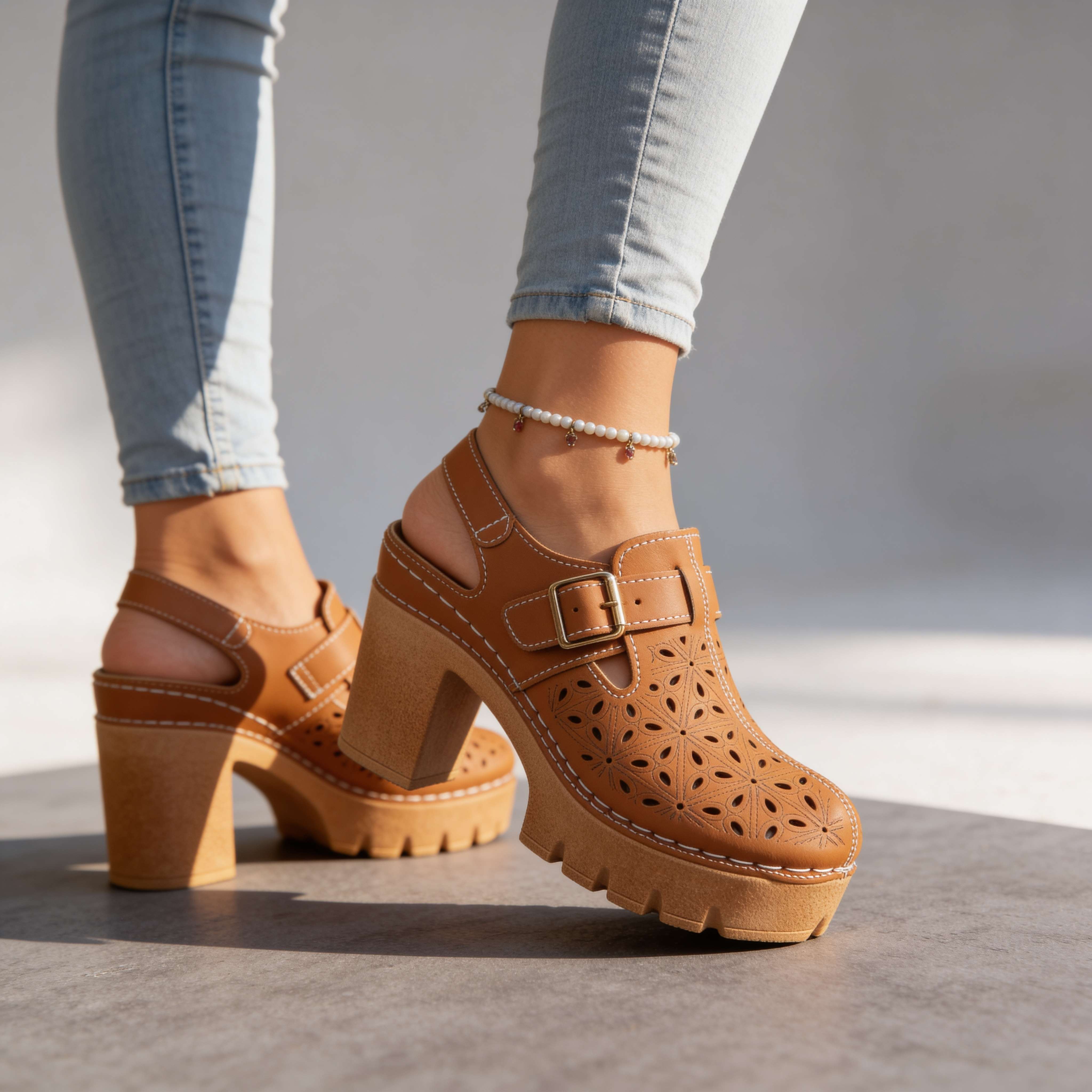 Florian | Clogs Damen Plateau Cutout Blockabsatz Vintage Stil 0