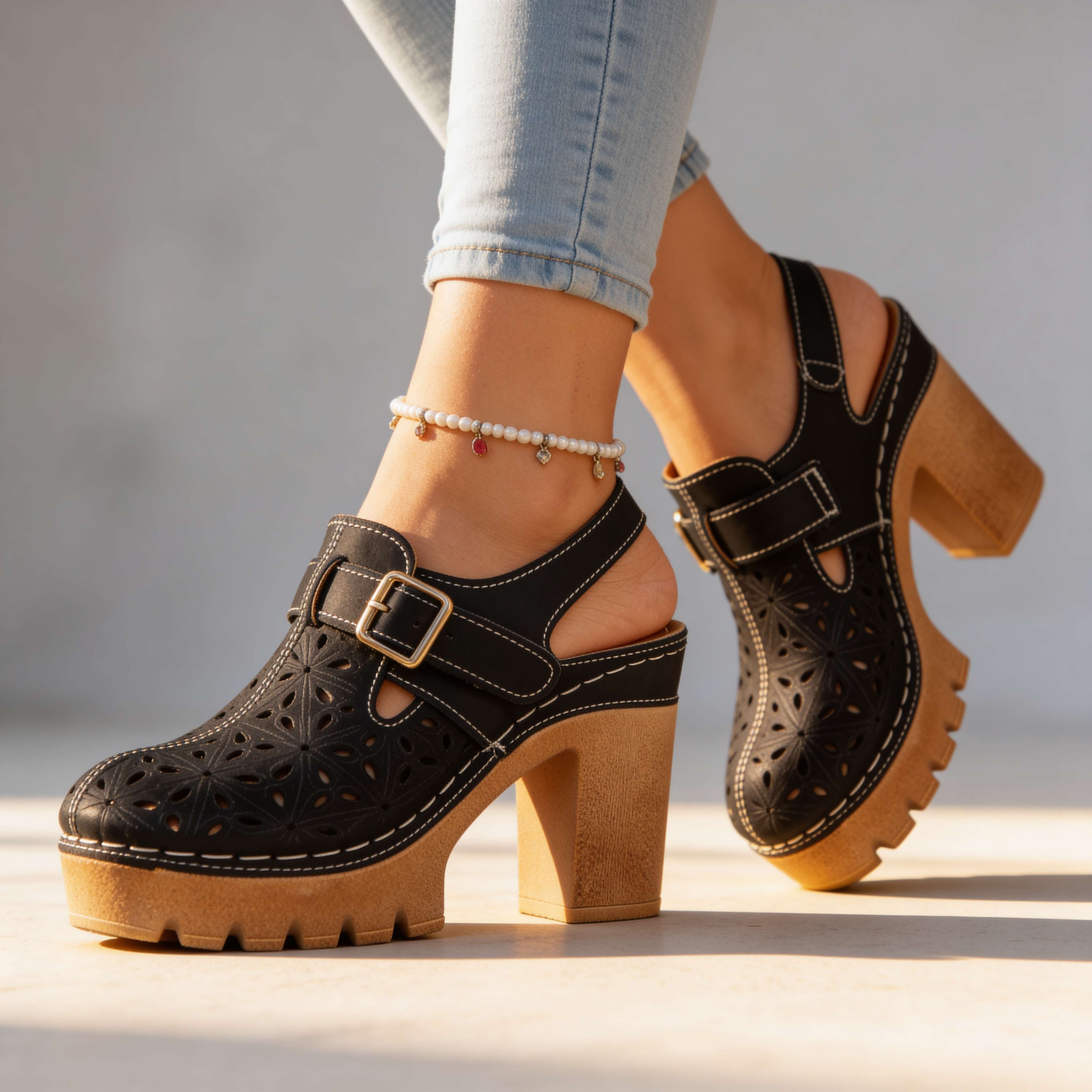 Florian | Clogs Damen Plateau Cutout Blockabsatz Vintage Stil 6
