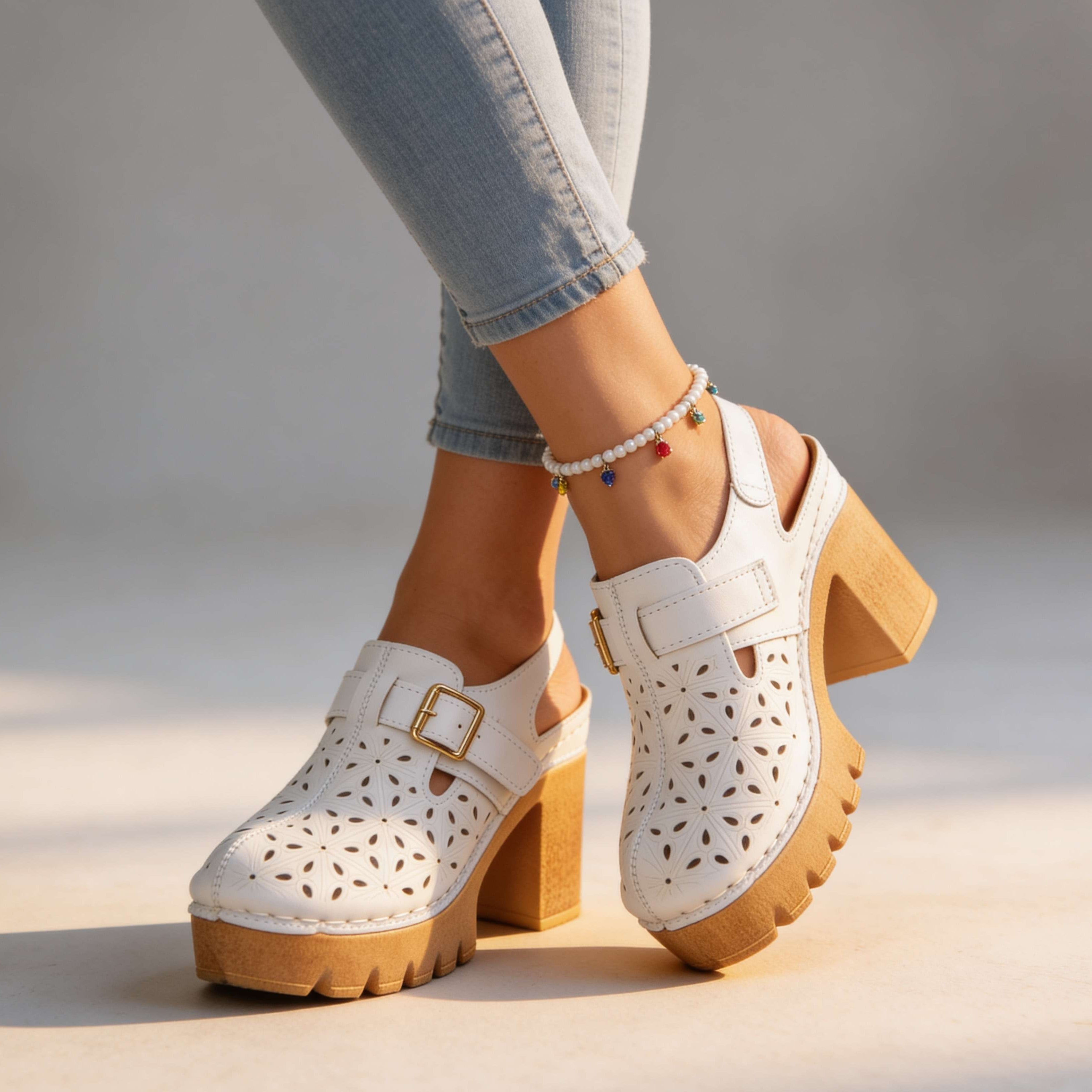 Florian | Clogs Damen Plateau Cutout Blockabsatz Vintage Stil 8