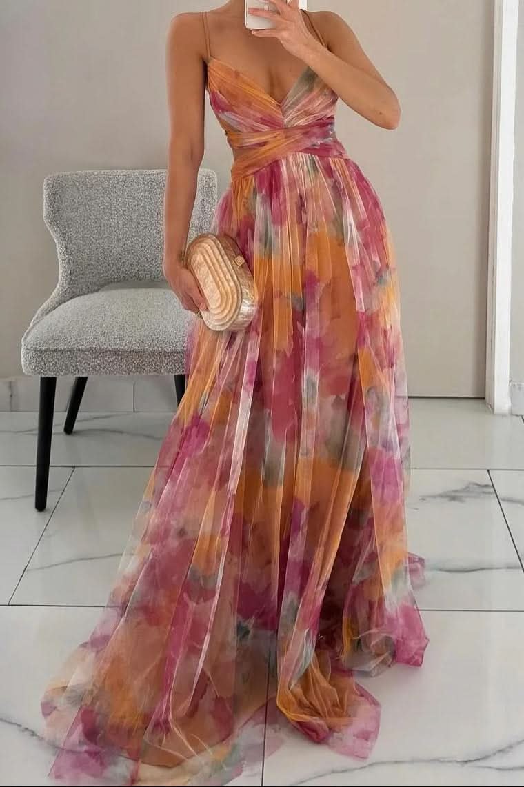 Grace | Lebendiges Maxikleid aus Tüll mit Aquarellblumenmuster 0