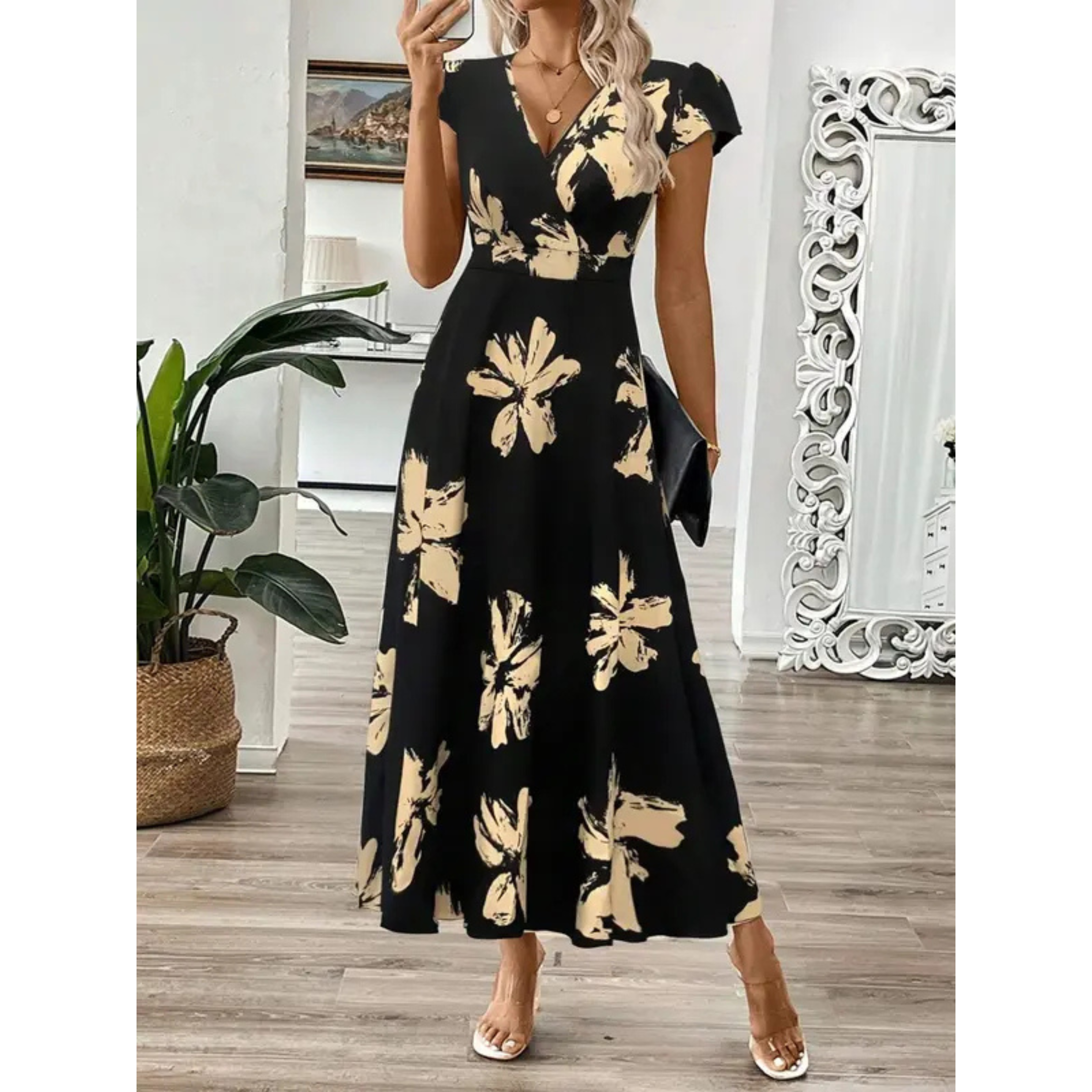 Hanneli | Elegantes Maxikleid Sommer mit Wickel-V-Ausschnitt und Blatt-Print 0