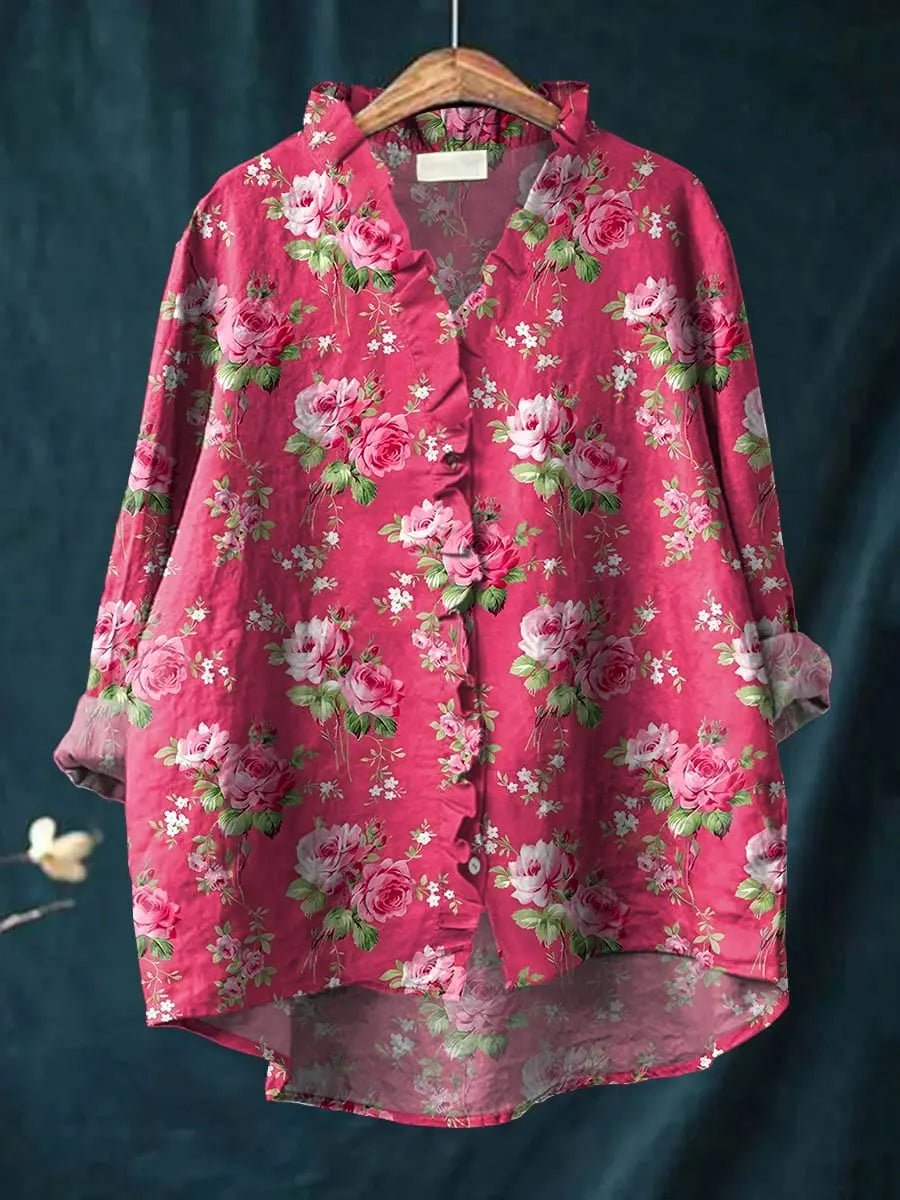 Harper | Damenbluse aus Leinen mit Blumenmuster, Rüschenbesatz und lockerer Passform, Knopfleiste 0
