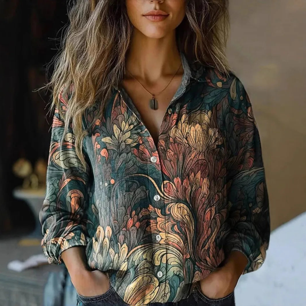Herbst | Vintage Floral Shirt Langarm Damen Casual Stil 3