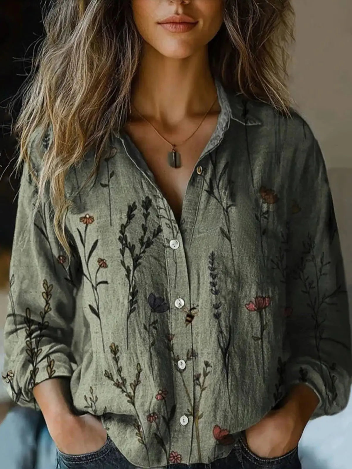 Herbst | Vintage Floral Shirt Langarm Damen Casual Stil 7
