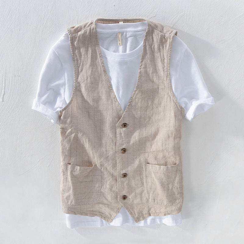 Herren Weste Gestreift Leinen-Look 0