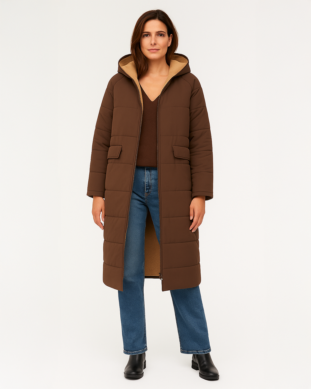 Langer Wintermantel mit Kapuze und Fleecefutter