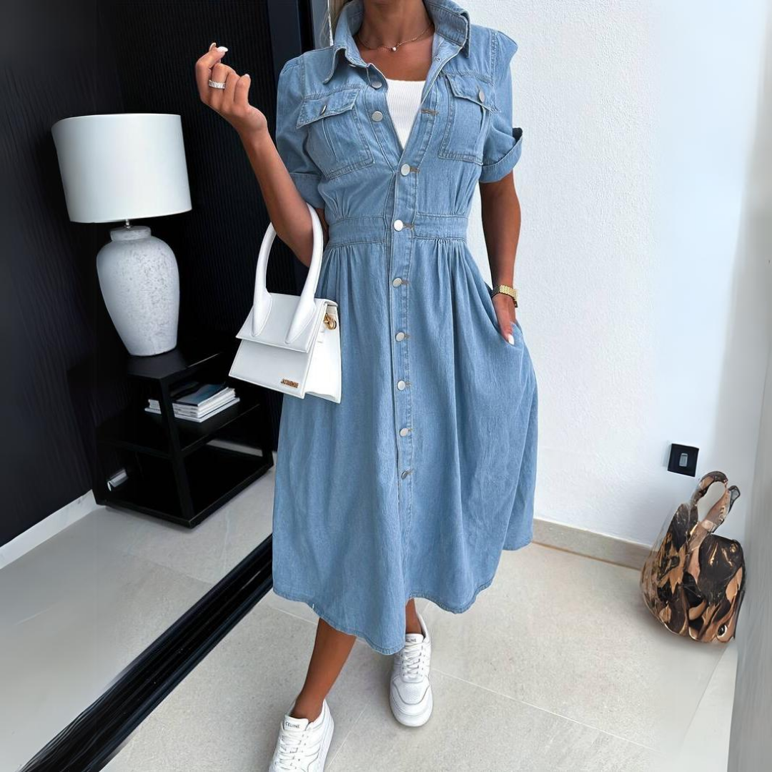 Jade | Feminines, Bequemes & Stilvolles Damenkleid aus Denim – Midi-Design mit Knopfverschluss 2