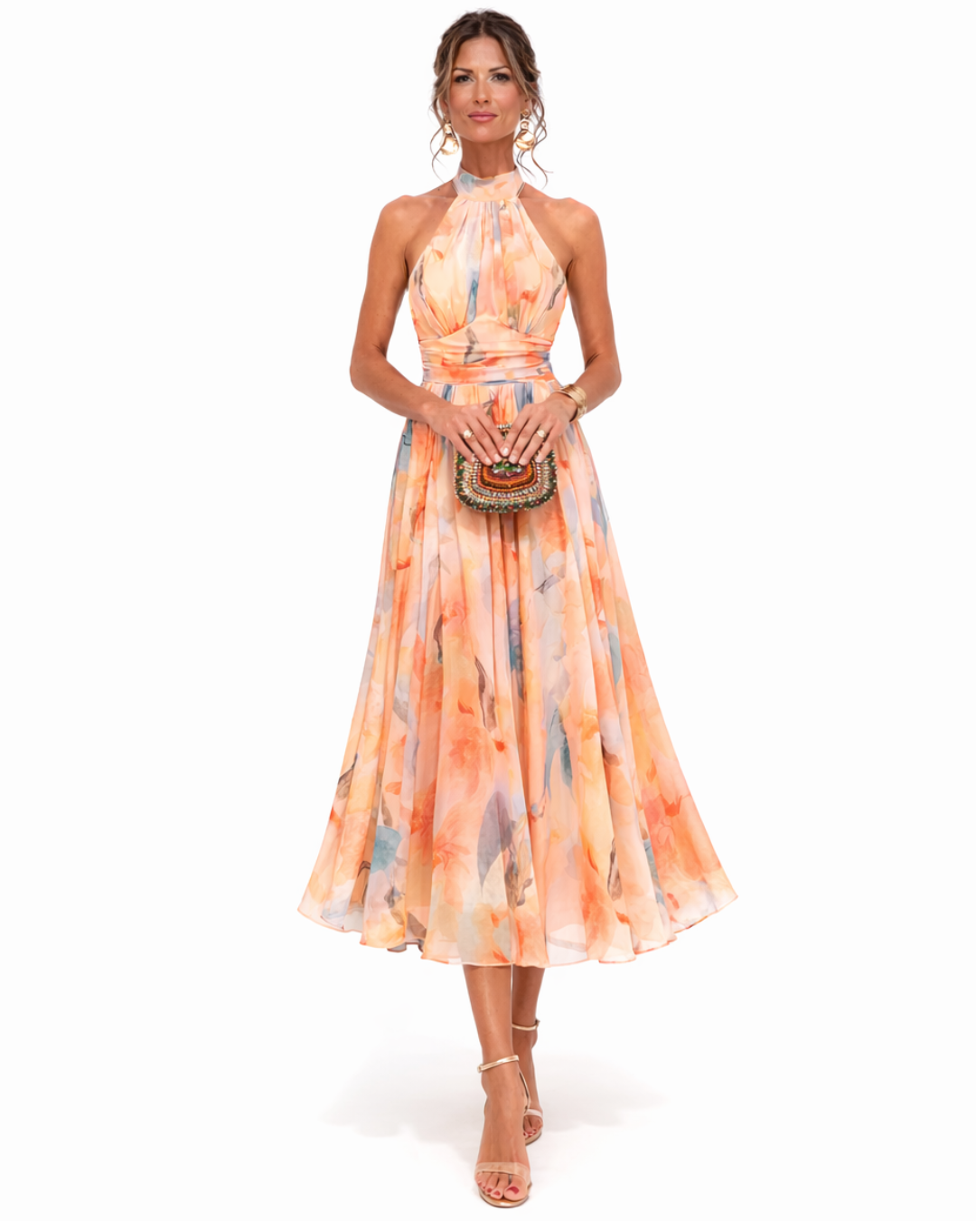 Luna | Maxikleid Sommer Aquarelldruck Elegant Neckholder Fit 0
