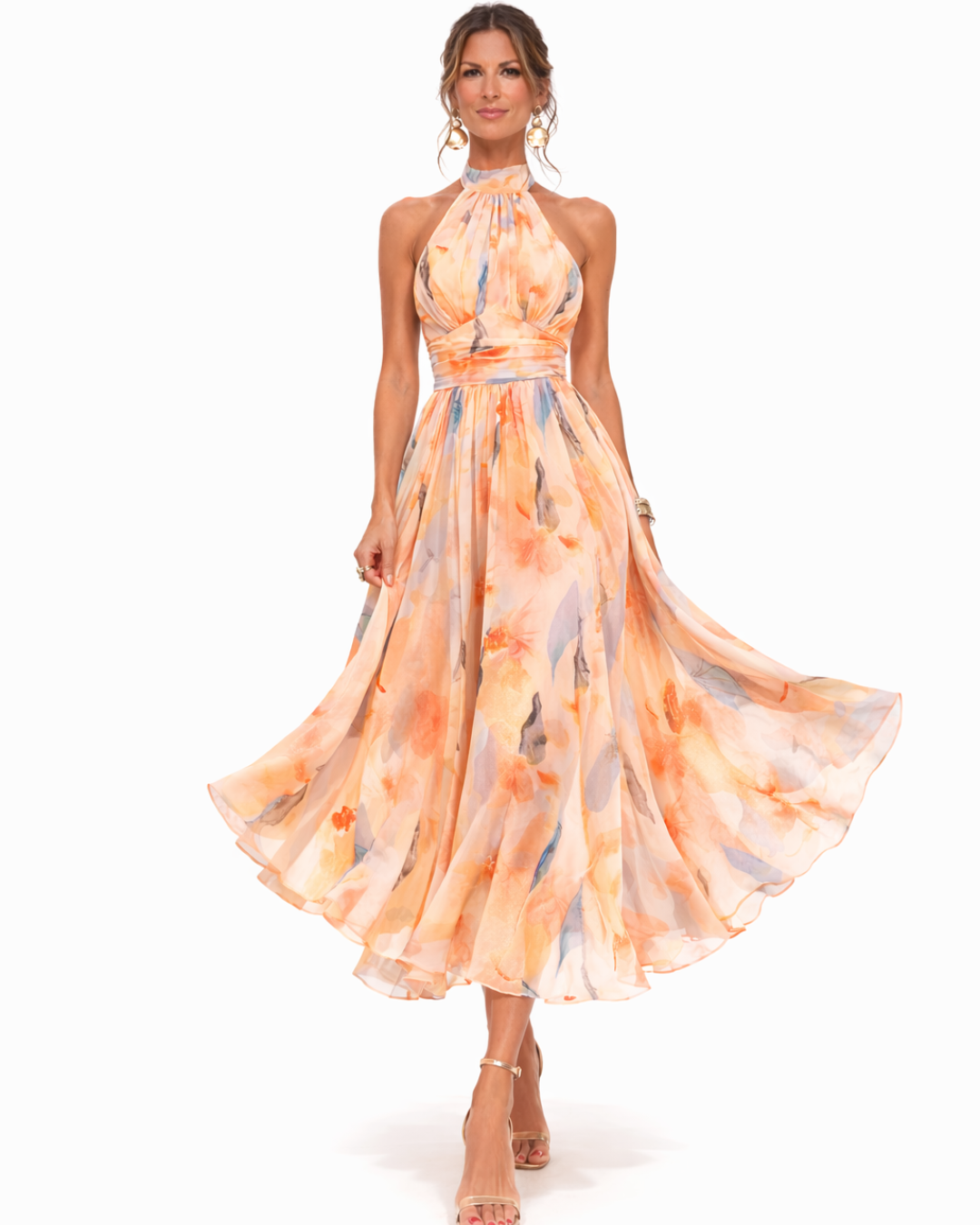 Luna | Maxikleid Sommer Aquarelldruck Elegant Neckholder Fit 1