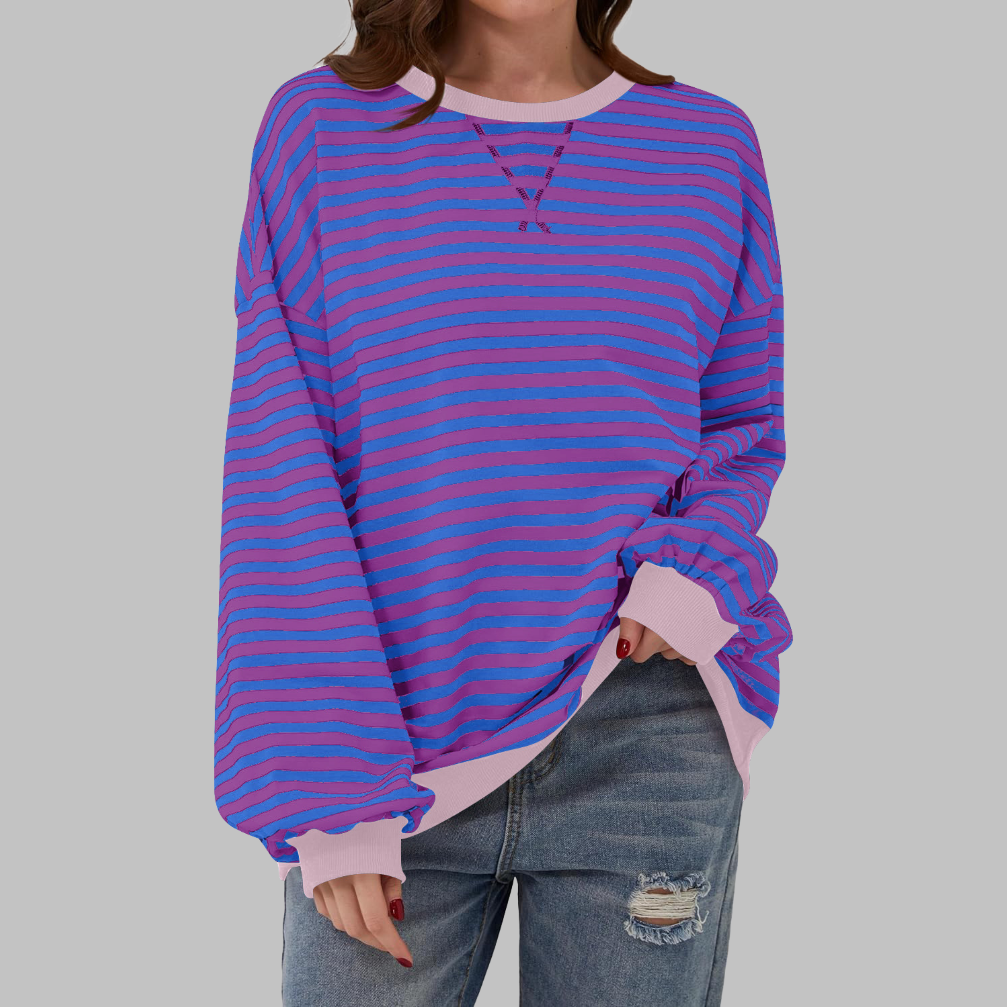 Marlow | Retro, Bequem & Stilvoll Sweatshirt Damen – Rosa-Weiße Streifen 6