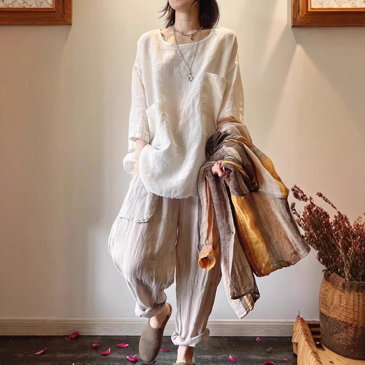 Mila | Lässige Leinen-Tunika-Tops mit aufgesetzten Taschen 1
