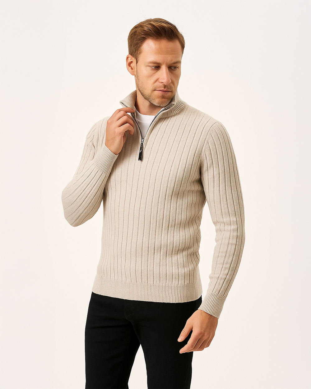 Gerippter Troyer Strickpullover mit Reißverschlusskragen